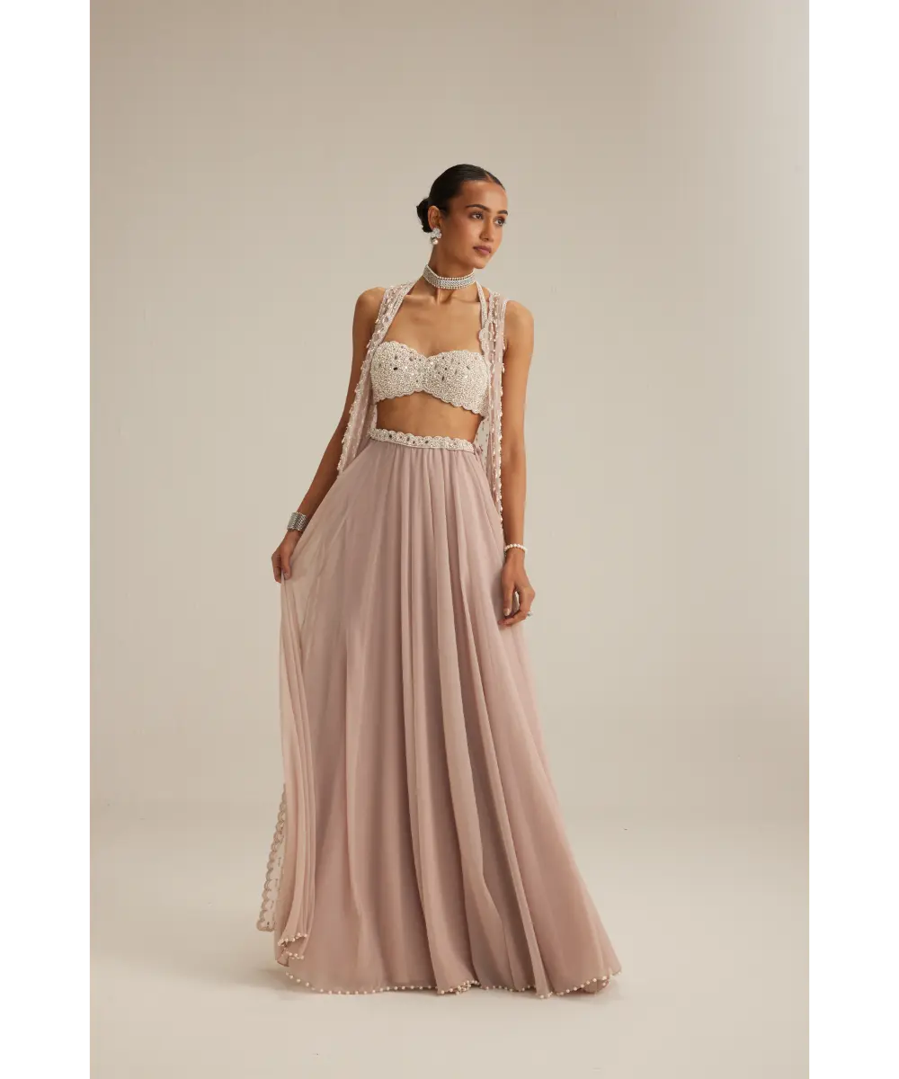 VVANI VATS- Ash Pink Pearl Drop Jacket Skirt Set